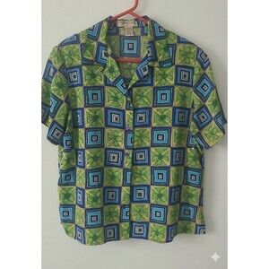 Vintage Notations Petite Geometric Print TOP Green Blue Retro Button Front PXL